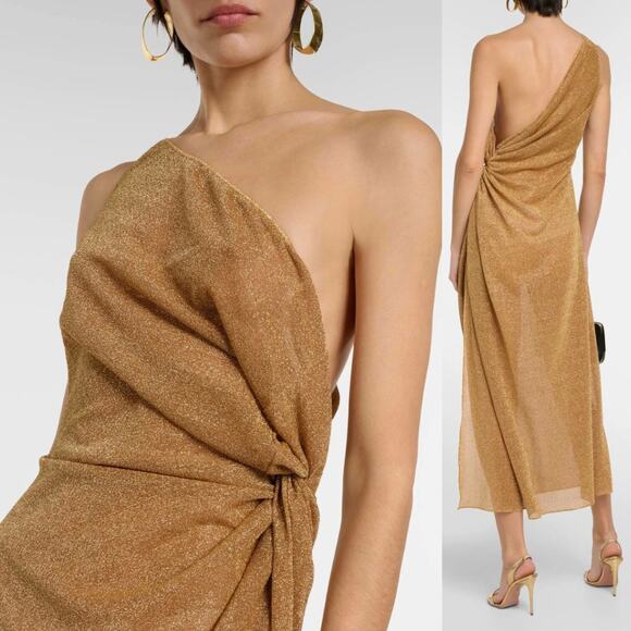 Oseree | SS24 Lumière Knot Dress Toffee Gold Glitter One Shoulder Midi Dress M-L - Picture 2 of 16